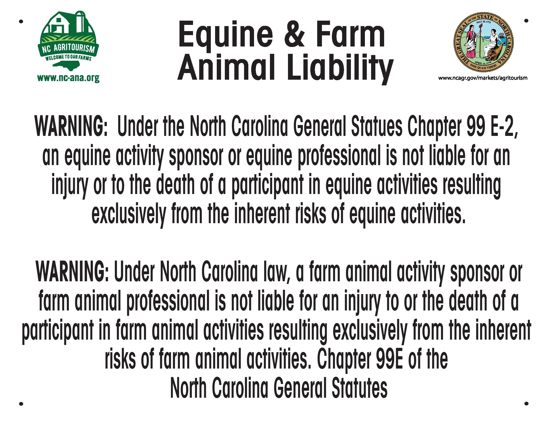 Metal Outdoor 'Equine & Farm Animals' Liability Warning Sign (English) -  North Carolina Agritourism Association
